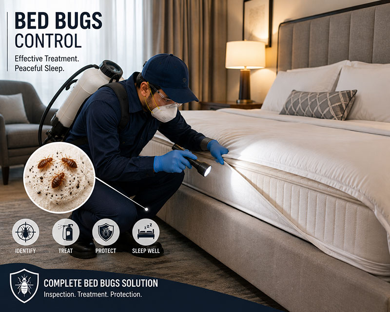 Local bed bug control technician working in a Sharjah apartment