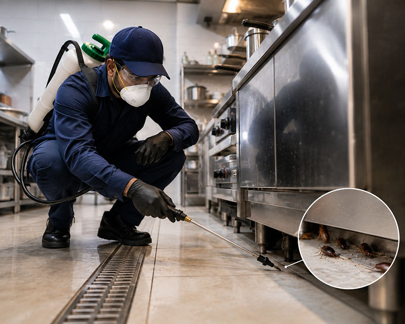 Local cockroach control technician working in a Sharjah apartment