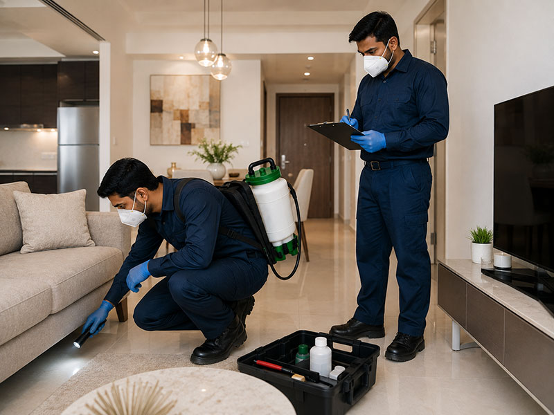 Pest control technicians treating a property in Sharjah