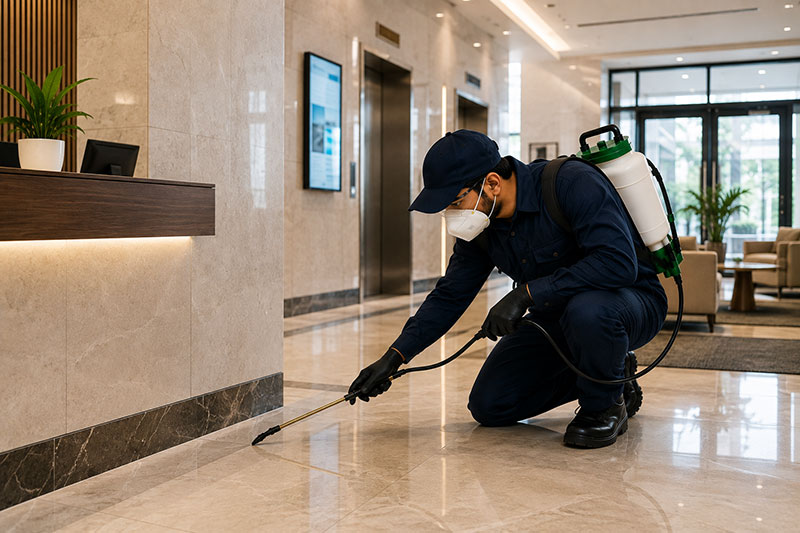 Local pest control technician working in an Ajman building