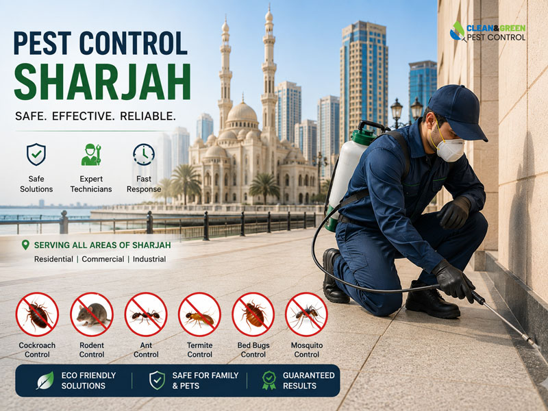 Pest control Sharjah technician treating a property with Municipality-approved products