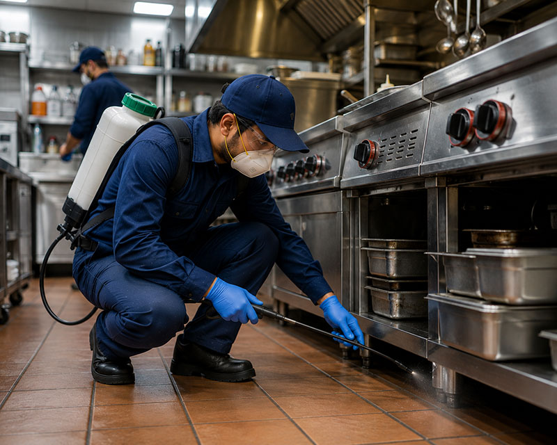 Local kitchen pest control technician at a Sharjah restaurant
