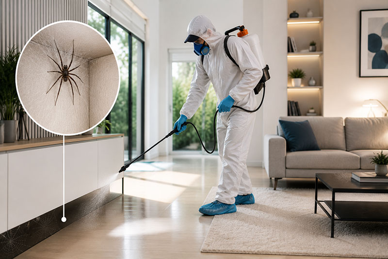 Removing spider webs and egg sacs from a ceiling corner in Sharjah